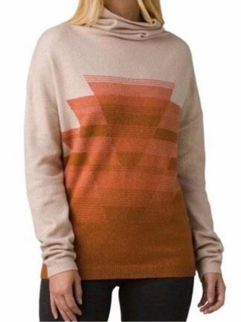 Prana Beige and Rust Geometric Cowl Neck Sweater